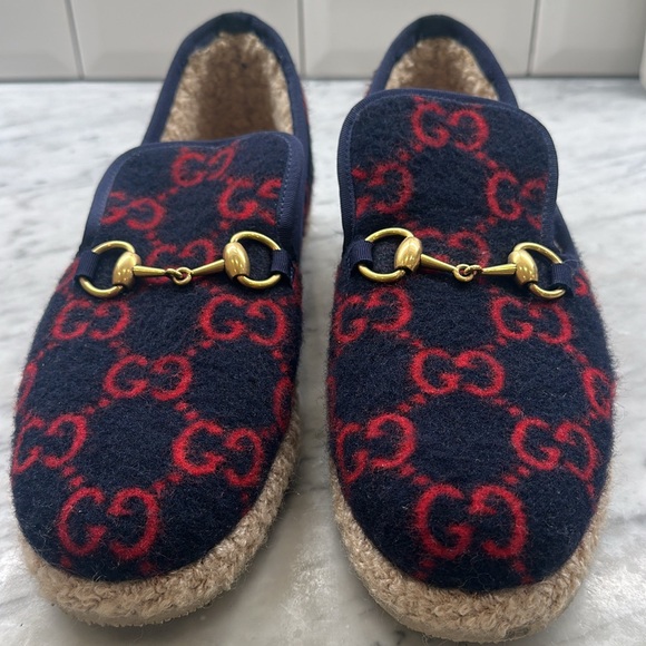 Gucci Shoes - Gucci Women’s Red and Blue Slipper/Loafer Gold Horsebit size 38.5